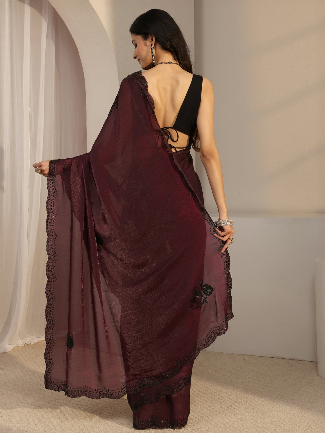 Mameraa Maroon Floral Embellished Organza Saree With Unstitched Blouse Piece