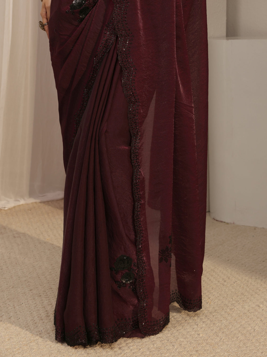 Mameraa Maroon Floral Embellished Organza Saree With Unstitched Blouse Piece