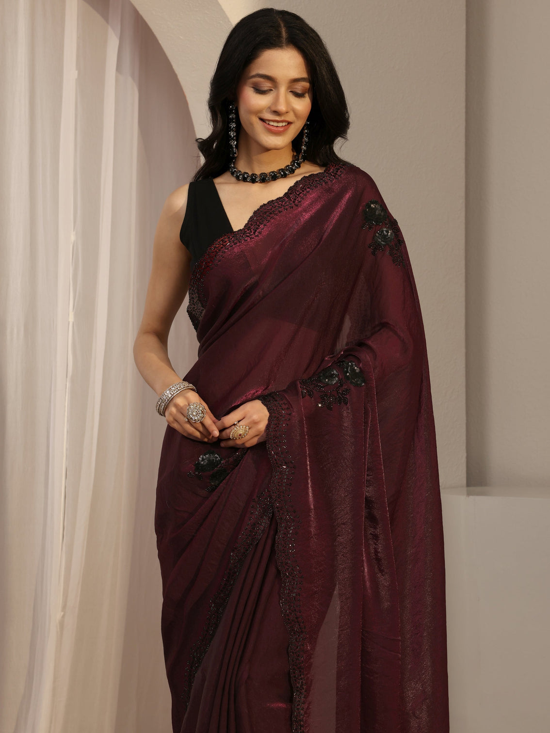 Mameraa Maroon Floral Embellished Organza Saree With Unstitched Blouse Piece