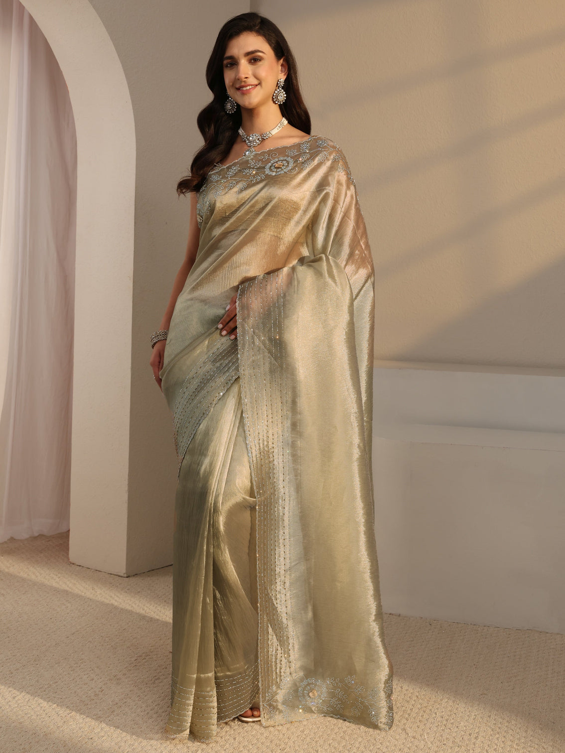 Mameraa Taupe Embellished Chiffon Saree With Unstitched Blouse Piece