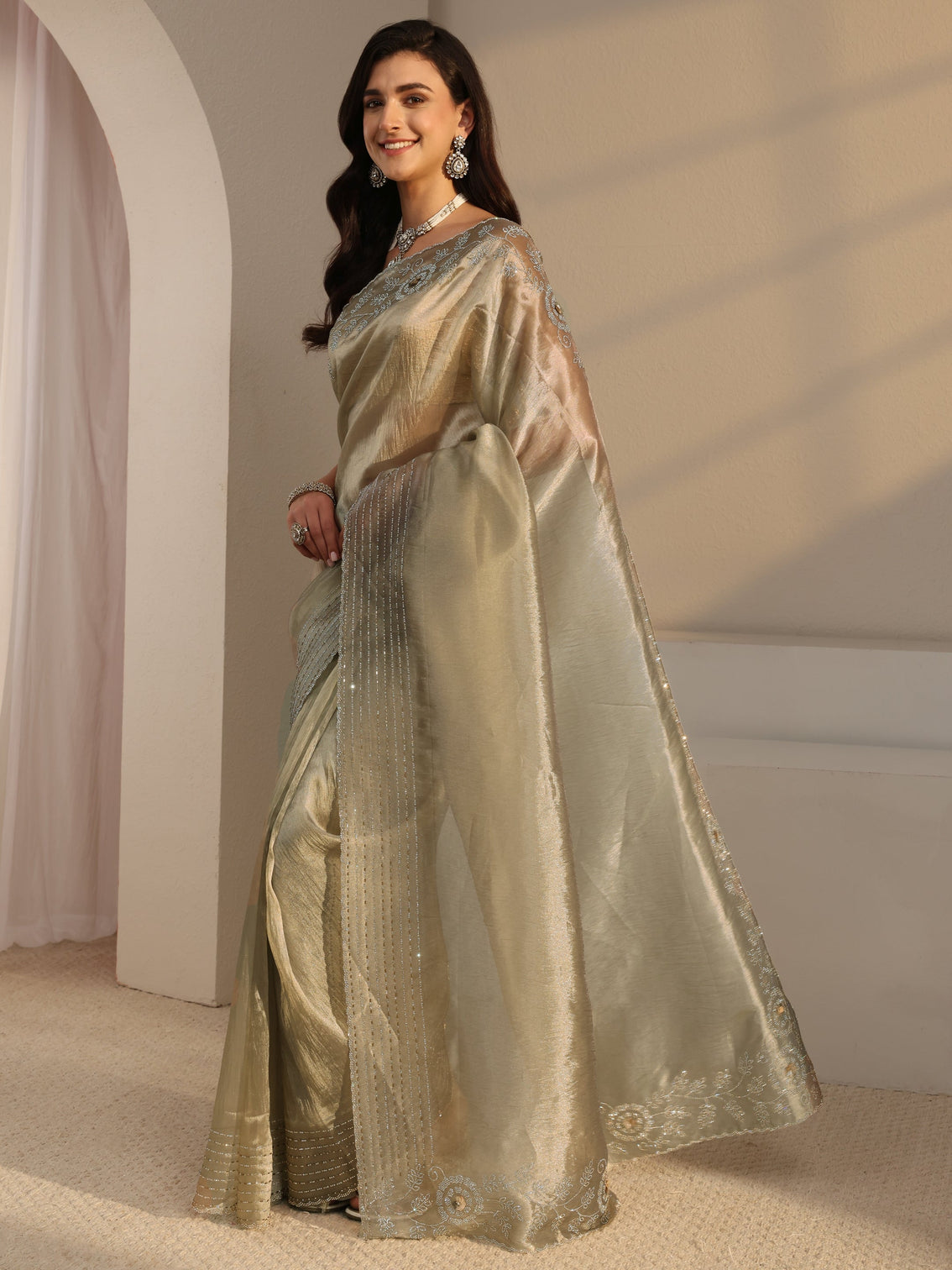 Mameraa Taupe Embellished Chiffon Saree With Unstitched Blouse Piece