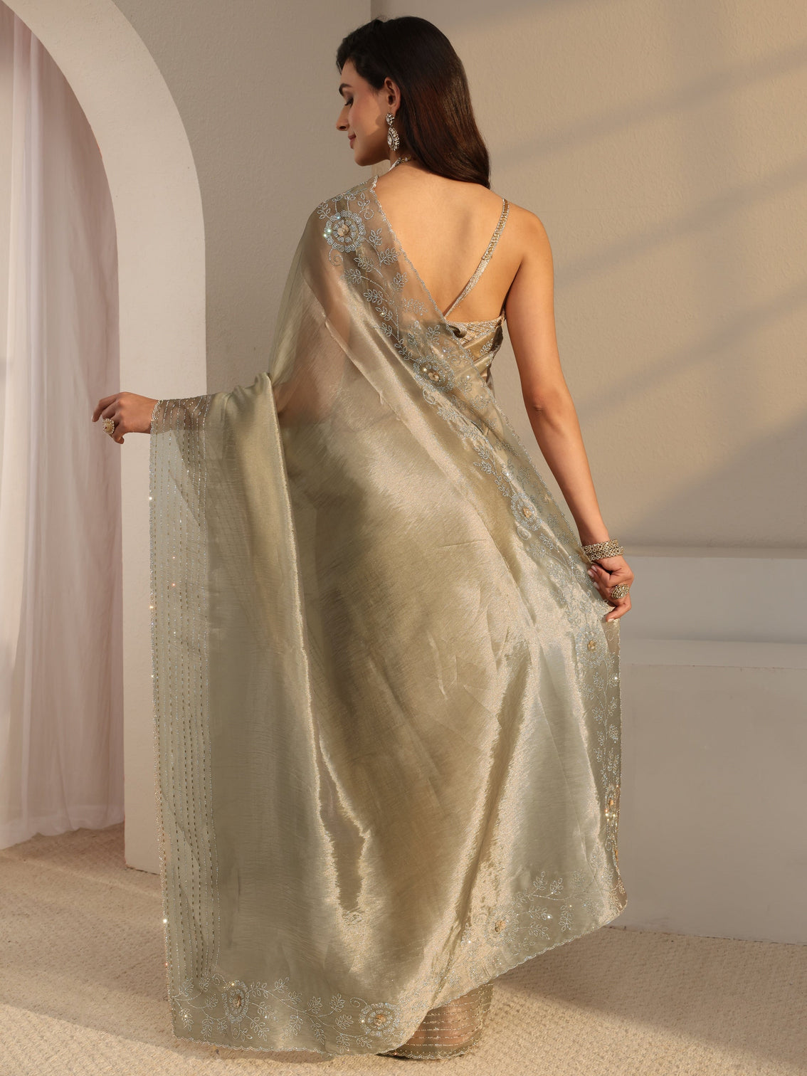 Mameraa Taupe Embellished Chiffon Saree With Unstitched Blouse Piece