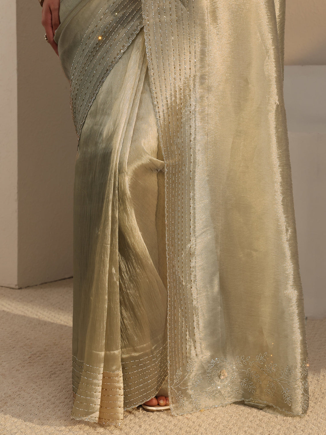Mameraa Taupe Embellished Chiffon Saree With Unstitched Blouse Piece