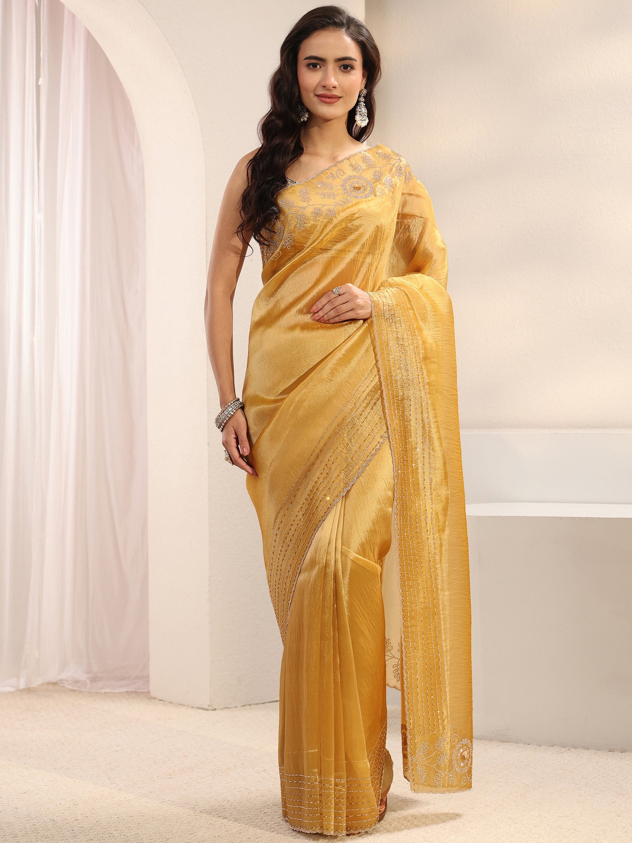 Libas Mustard Embellished Border Chiffon Saree With Unstitched Blouse Piece