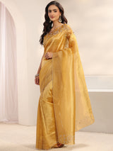 Libas Mustard Embellished Border Chiffon Saree With Unstitched Blouse Piece
