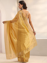Libas Mustard Embellished Border Chiffon Saree With Unstitched Blouse Piece