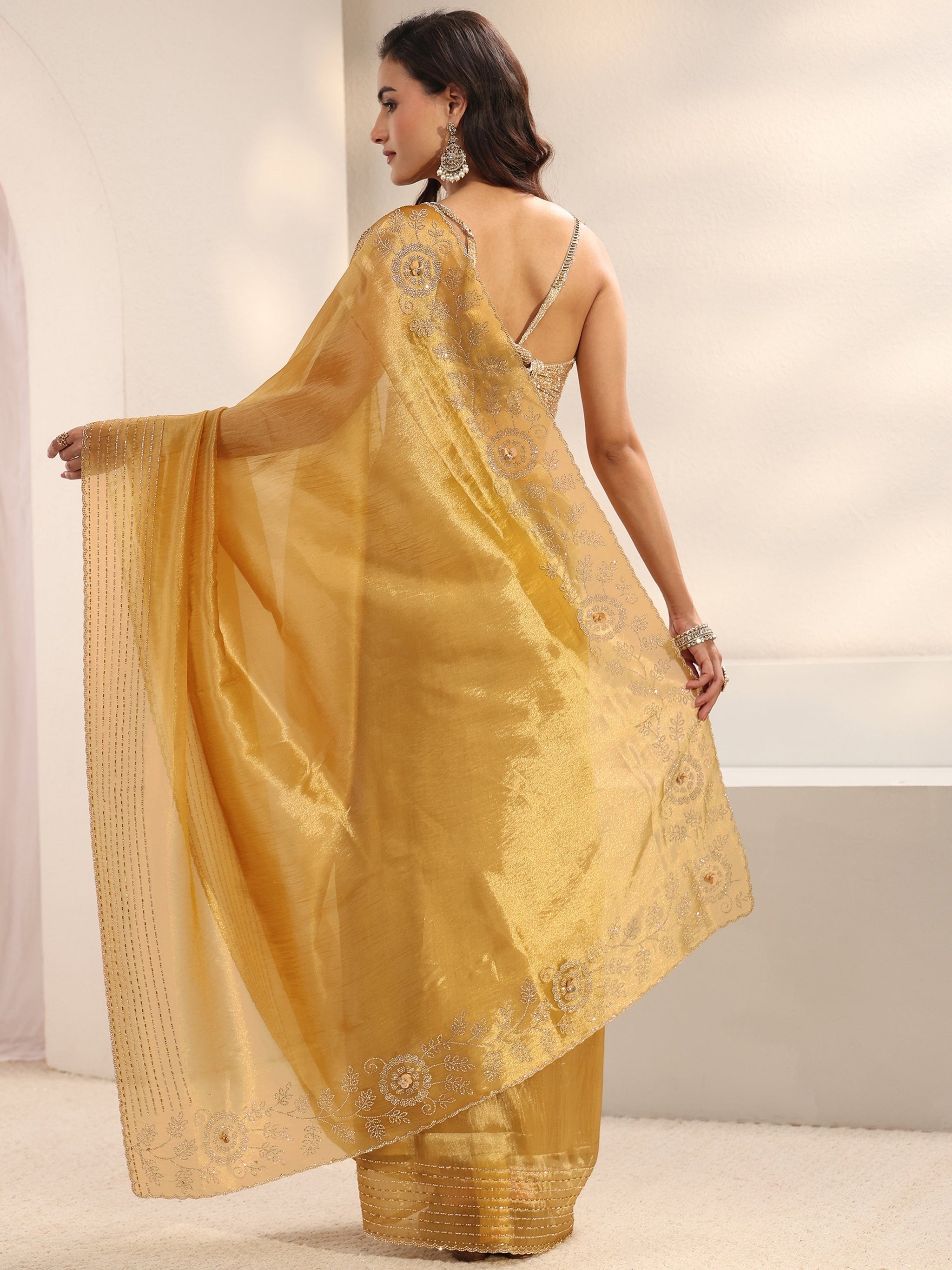 Libas Mustard Embellished Border Chiffon Saree With Unstitched Blouse Piece