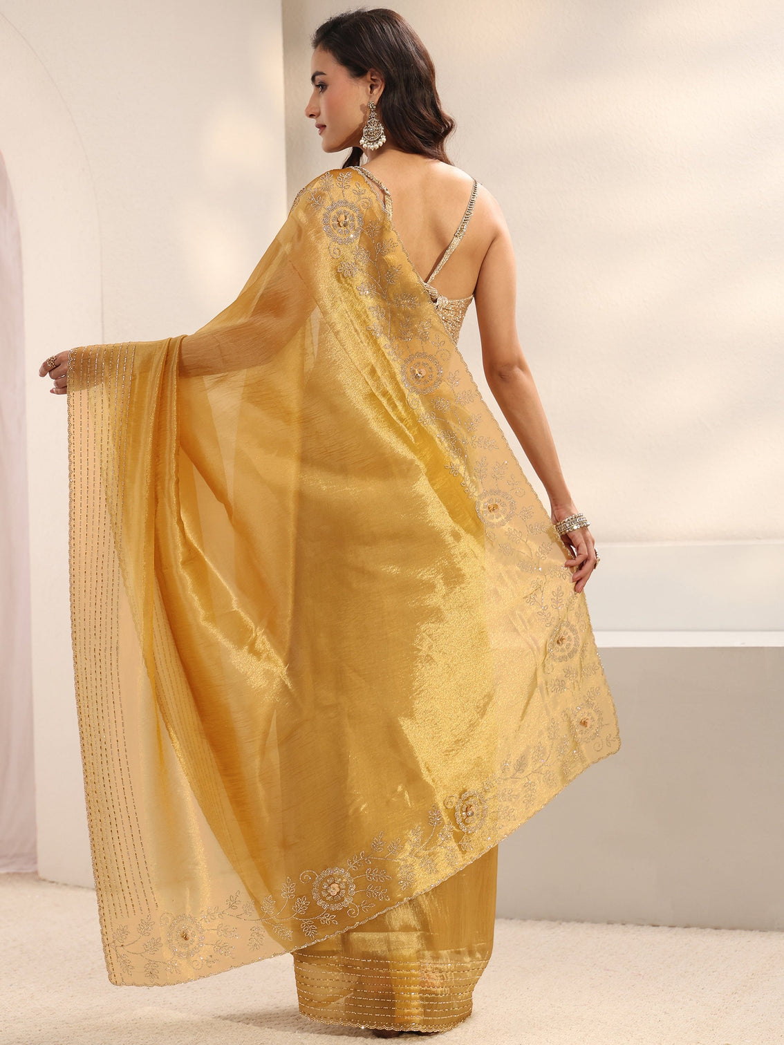Mameraa Mustard Embellished Border Chiffon Saree With Unstitched Blouse Piece
