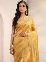 Libas Mustard Embellished Border Chiffon Saree With Unstitched Blouse Piece