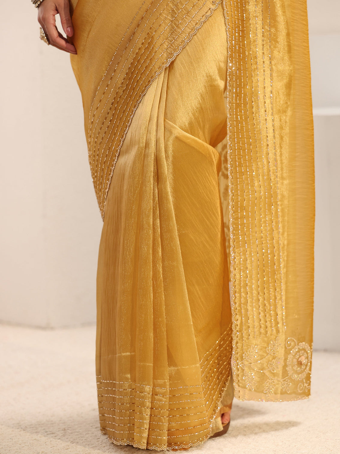 Mameraa Mustard Embellished Border Chiffon Saree With Unstitched Blouse Piece