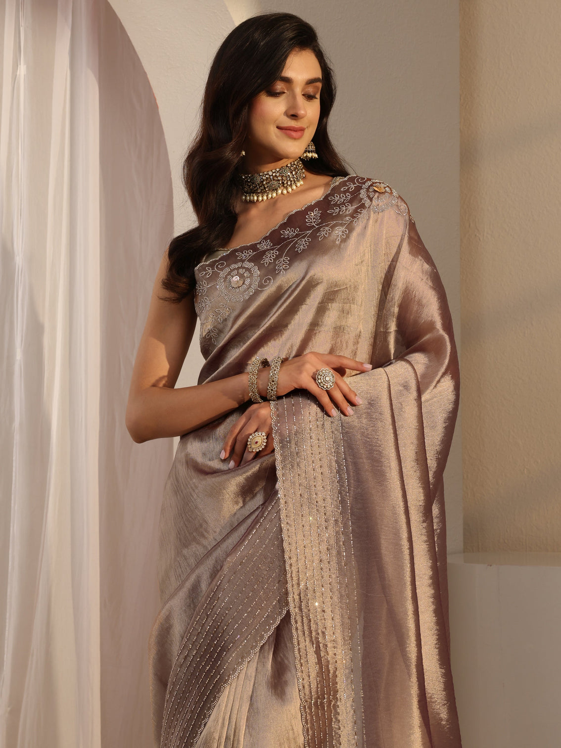 Mameraa Mauve Embellished Chiffon Saree With Unstitched Blouse Piece