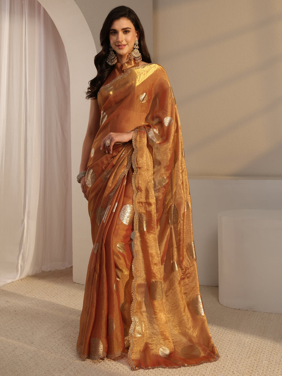 Mameraa Peach Foil Printed Tissue Saree With Unstitched Blouse Piece