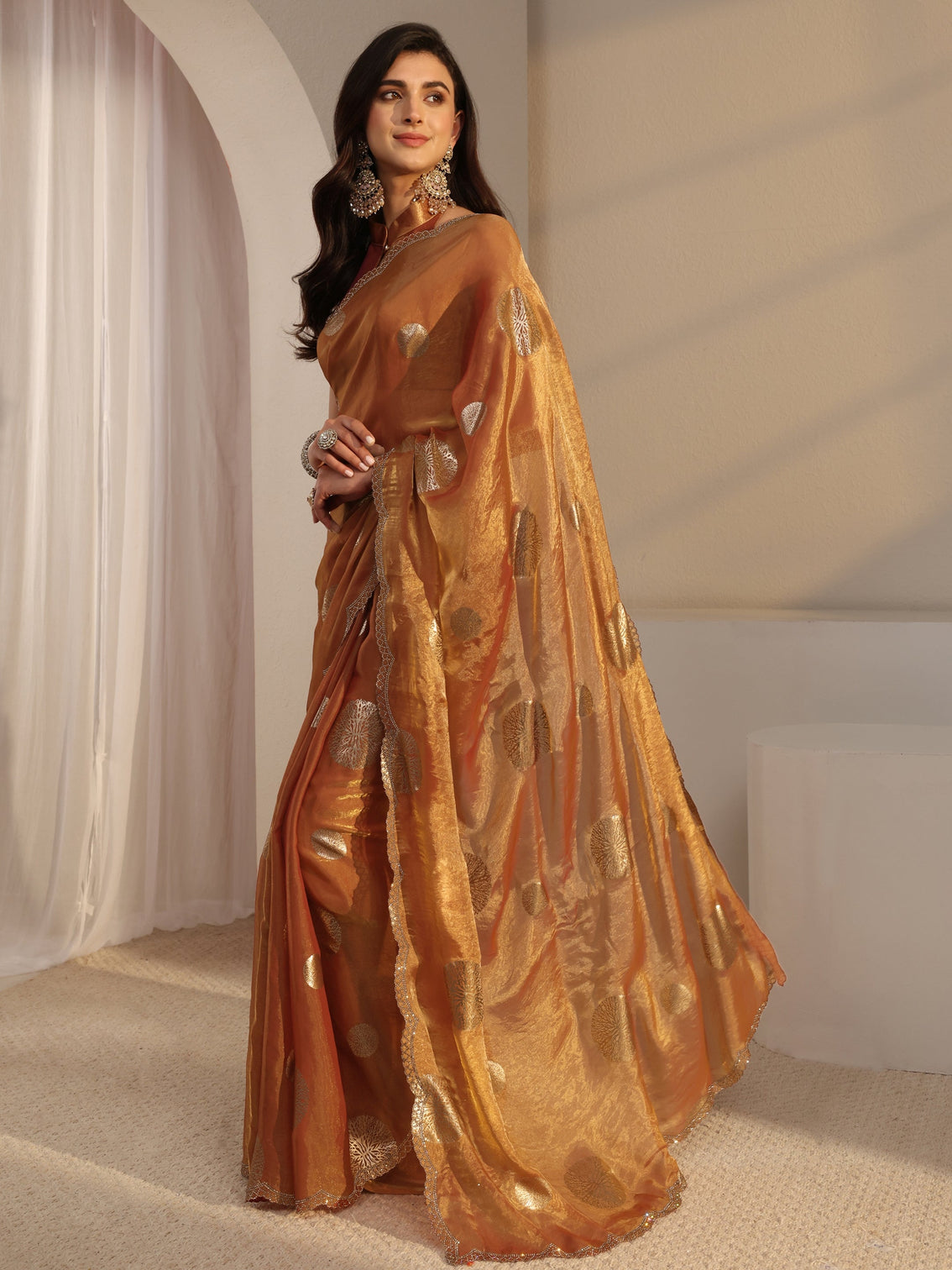 Mameraa Peach Foil Printed Tissue Saree With Unstitched Blouse Piece