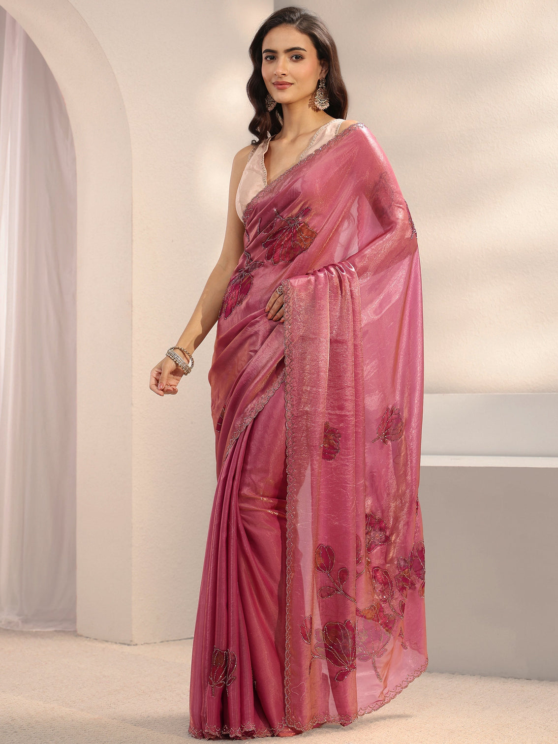 Mameraa Pink Floral Embellished Tissue Saree With Unstitched Blouse Piece