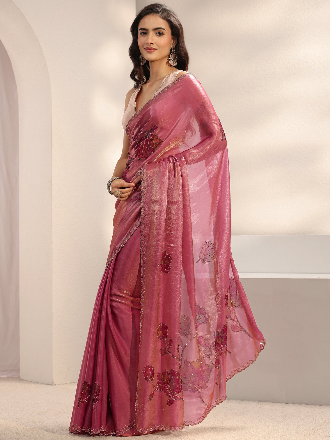 Mameraa Pink Floral Embellished Tissue Saree With Unstitched Blouse Piece