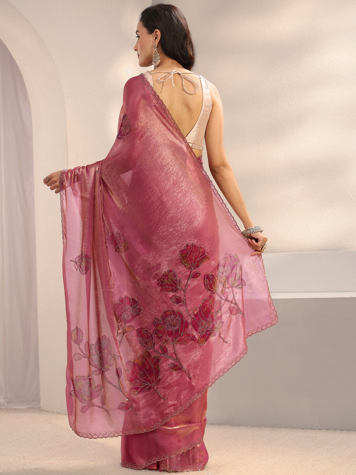 Mameraa Pink Floral Embellished Tissue Saree With Unstitched Blouse Piece