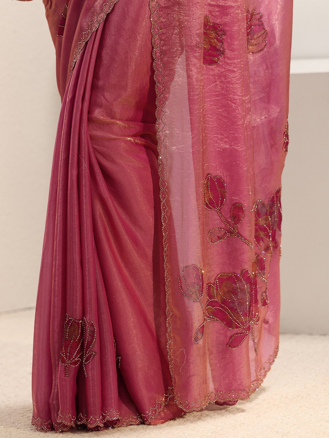 Mameraa Pink Floral Embellished Tissue Saree With Unstitched Blouse Piece