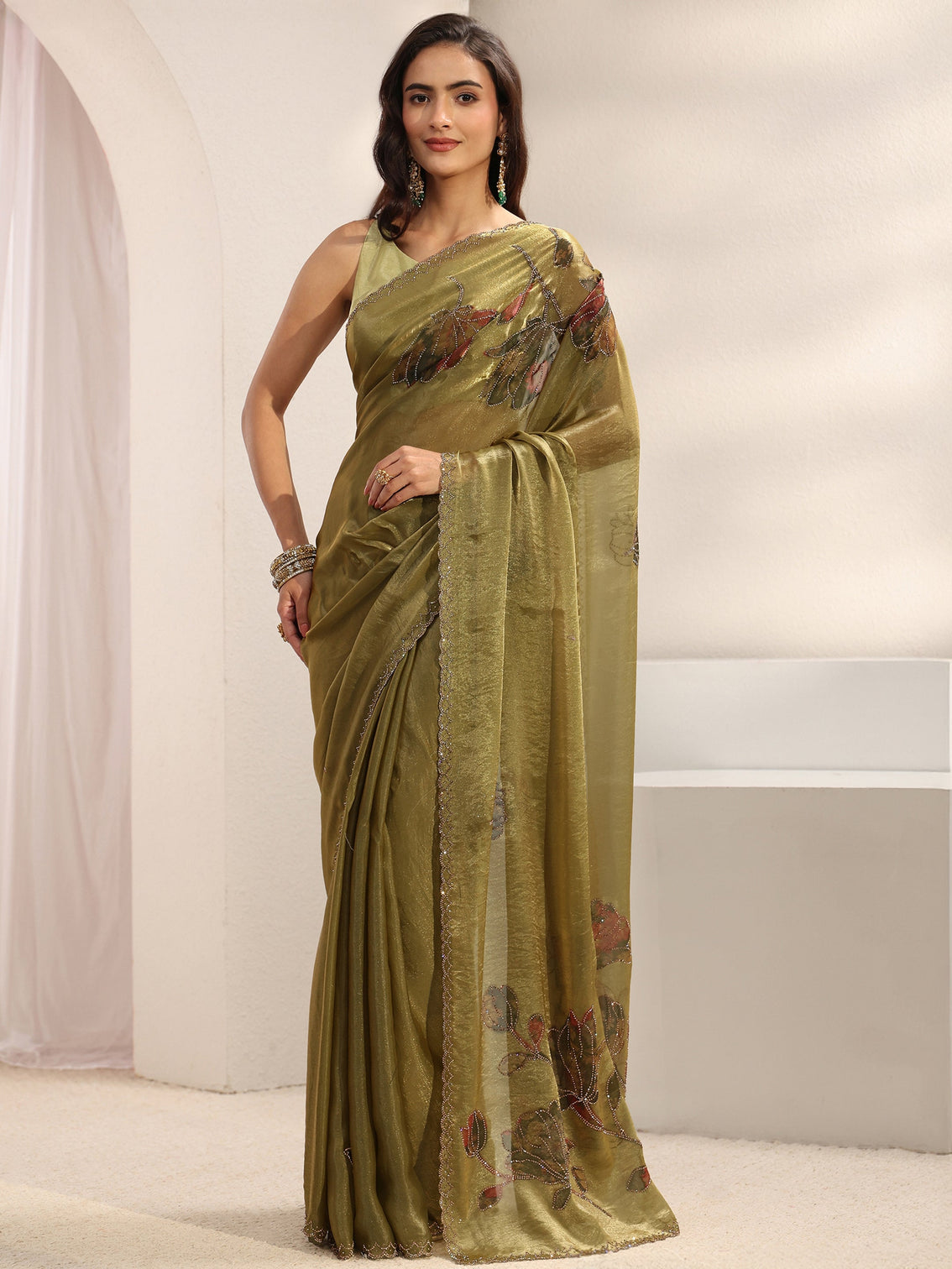 Mameraa Green Floral Embellished Tissue Saree With Unstitched Blouse Piece