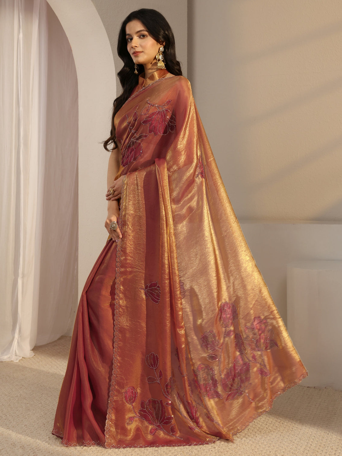 Mameraa Orange Embellished Tissue Saree With Unstiched Blouse Piece