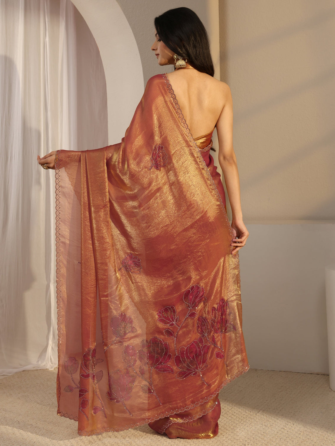 Mameraa Orange Embellished Tissue Saree With Unstiched Blouse Piece