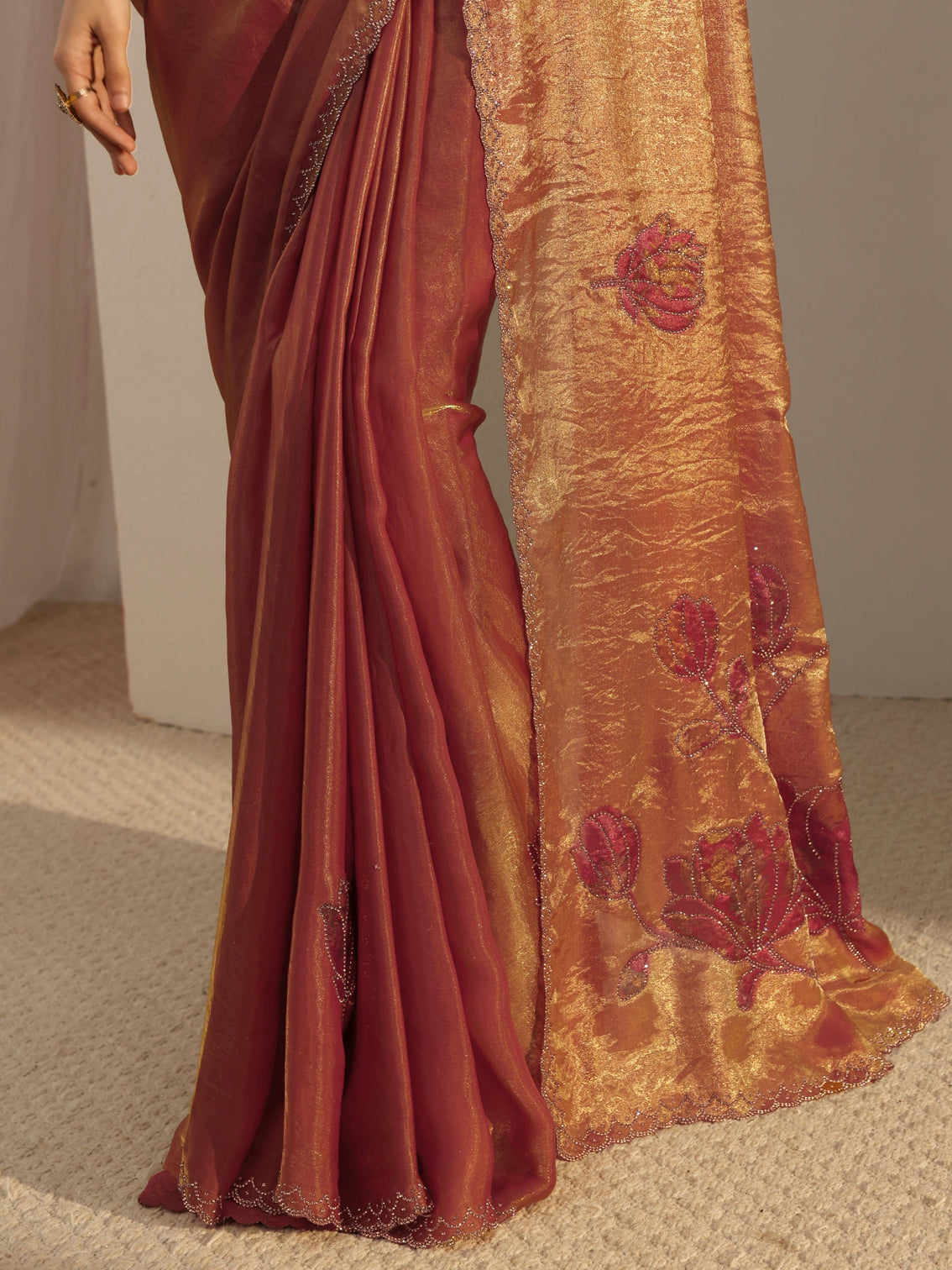 Mameraa Orange Embellished Tissue Saree With Unstiched Blouse Piece