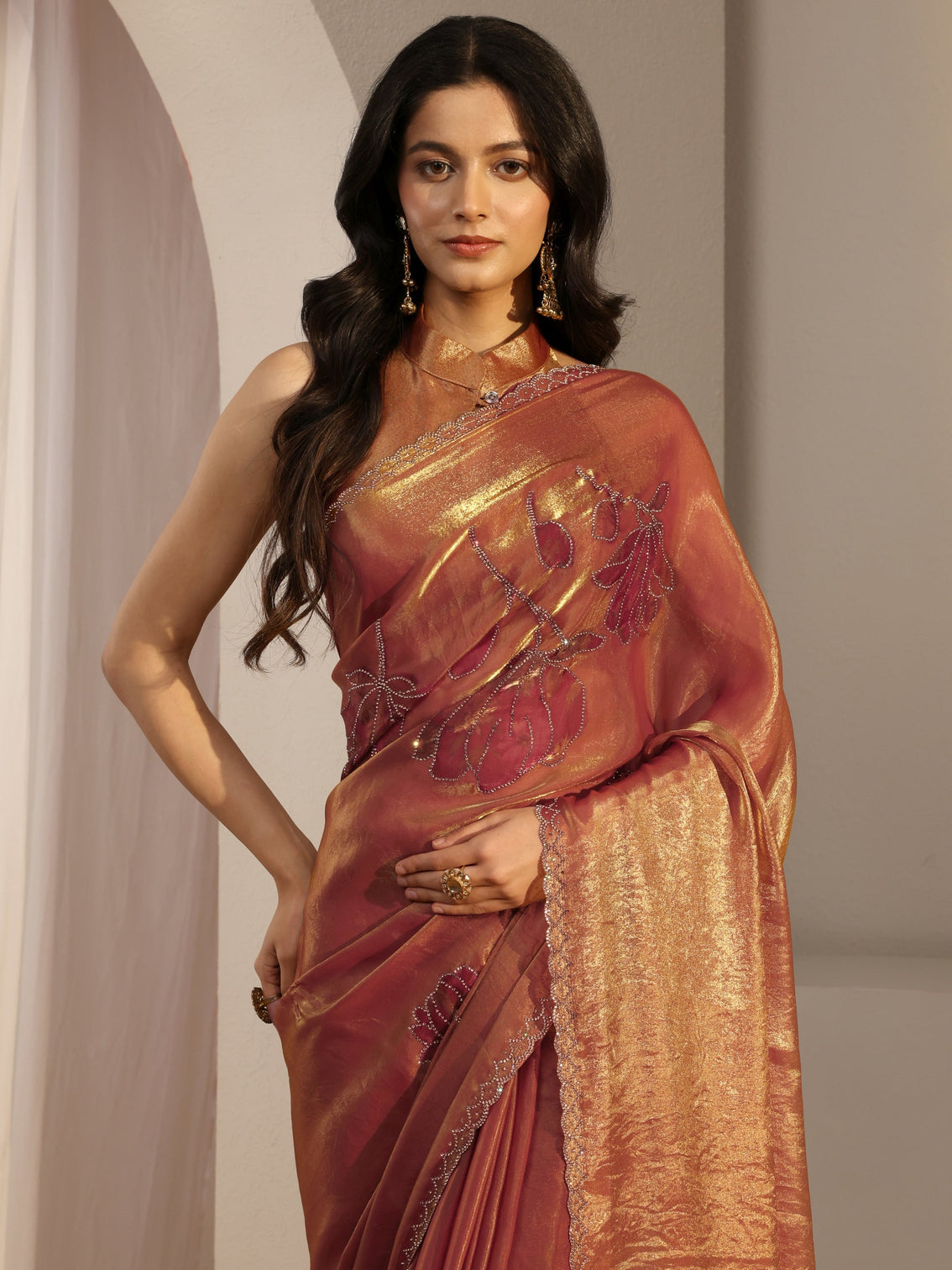 Mameraa Orange Embellished Tissue Saree With Unstiched Blouse Piece