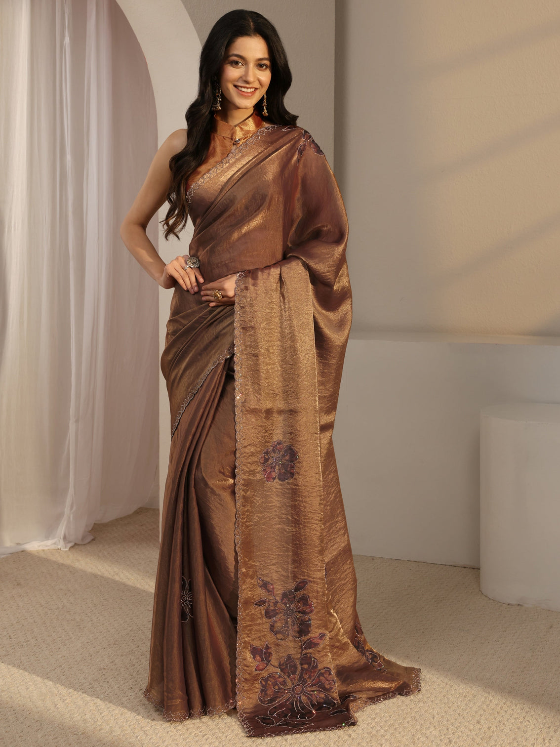 Mameraa Golden Embellished Tissue Saree With Unstiched Blouse Piece