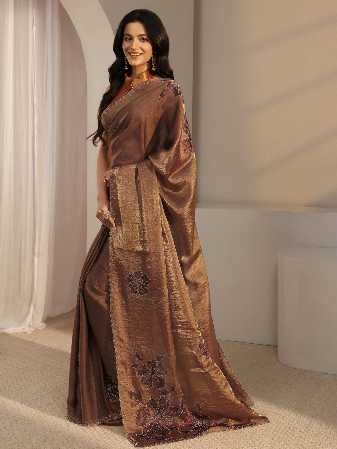 Mameraa Golden Embellished Tissue Saree With Unstiched Blouse Piece