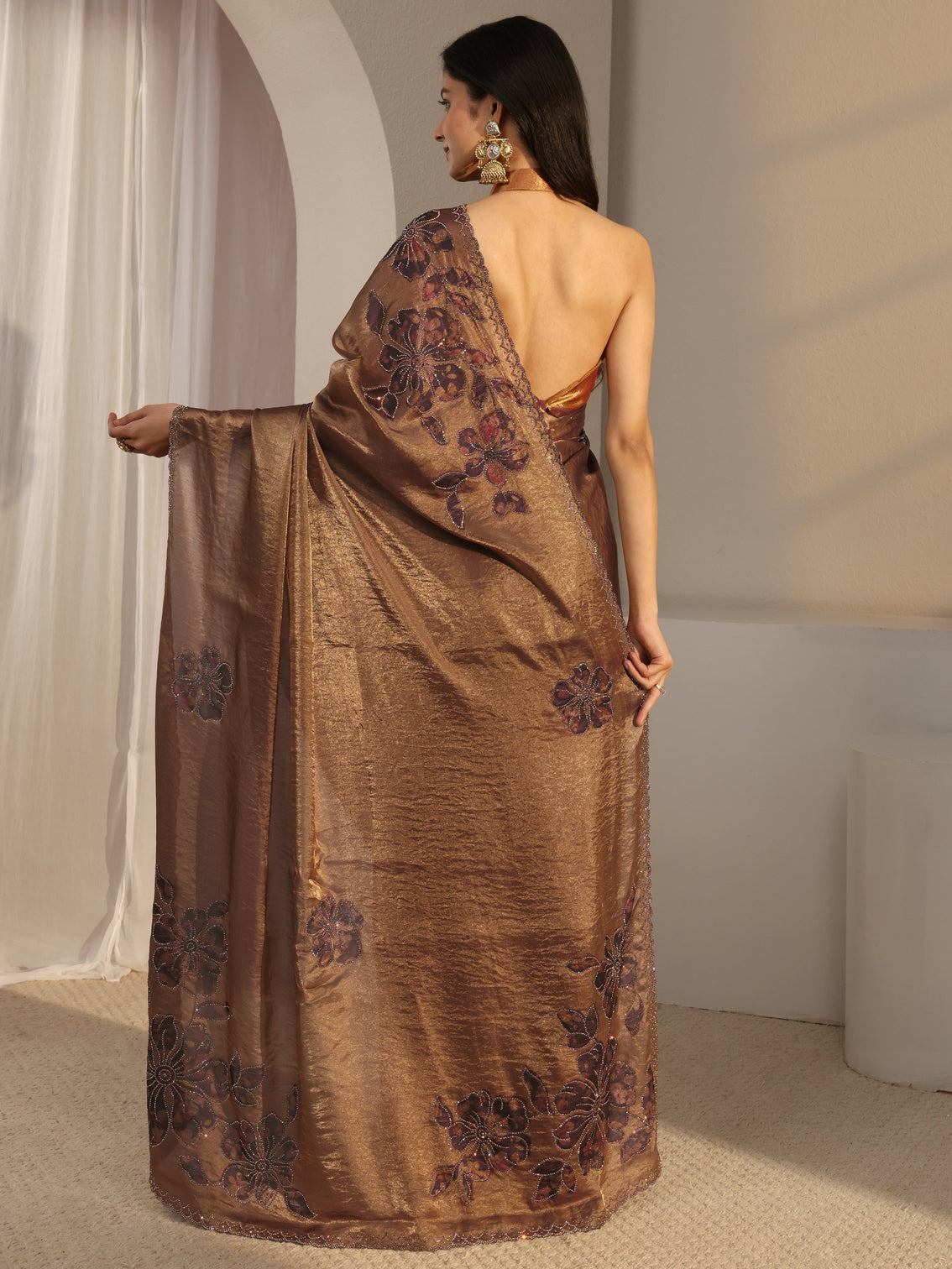 Mameraa Golden Embellished Tissue Saree With Unstiched Blouse Piece