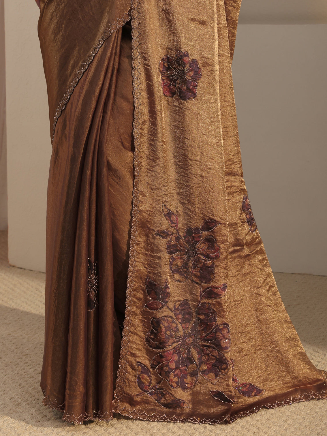 Mameraa Golden Embellished Tissue Saree With Unstiched Blouse Piece