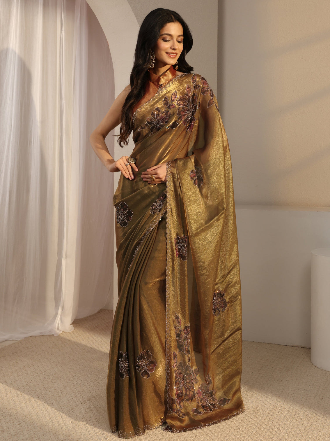 Mameraa Golden Embellished Tissue Saree With Unstiched Blouse Piece