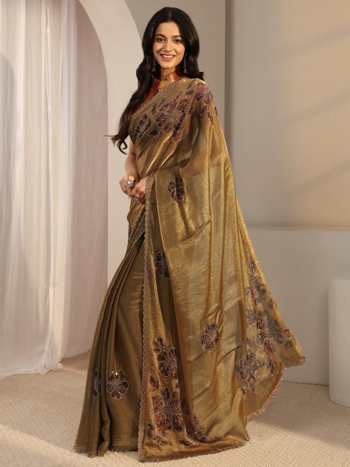 Mameraa Golden Embellished Tissue Saree With Unstiched Blouse Piece