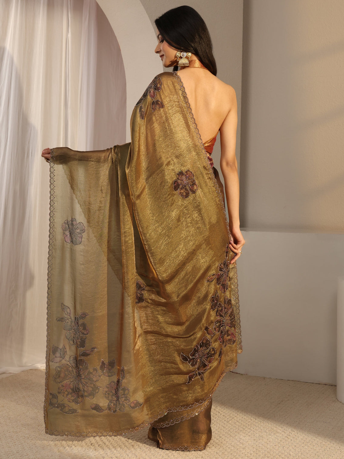 Mameraa Golden Embellished Tissue Saree With Unstiched Blouse Piece