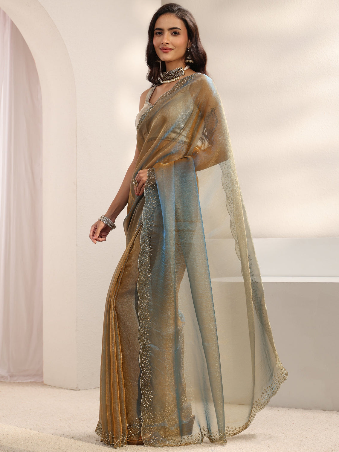Mameraa Blue Embellished Border Tissue Saree With Unstitched Blouse Piece