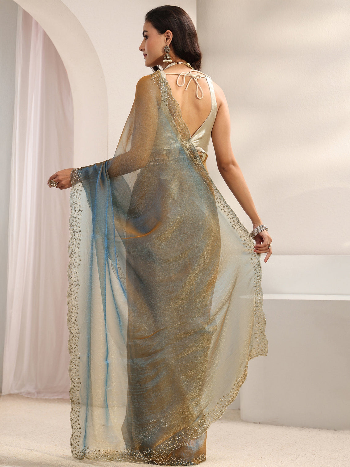 Mameraa Blue Embellished Border Tissue Saree With Unstitched Blouse Piece