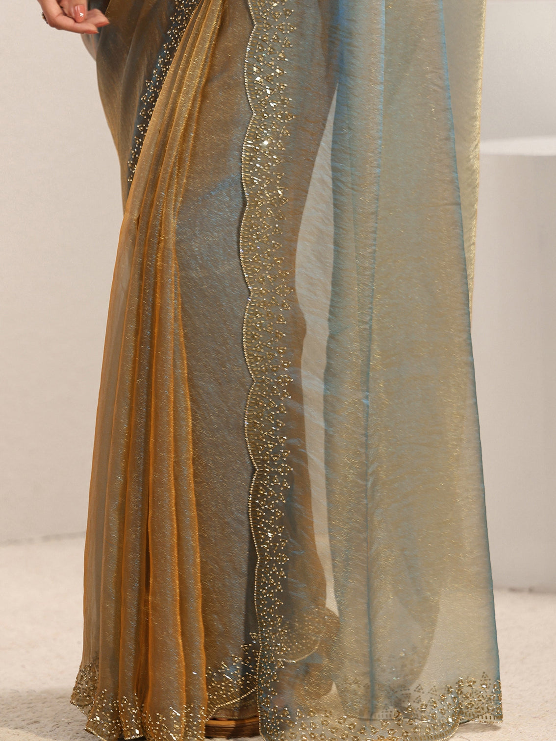 Mameraa Blue Embellished Border Tissue Saree With Unstitched Blouse Piece