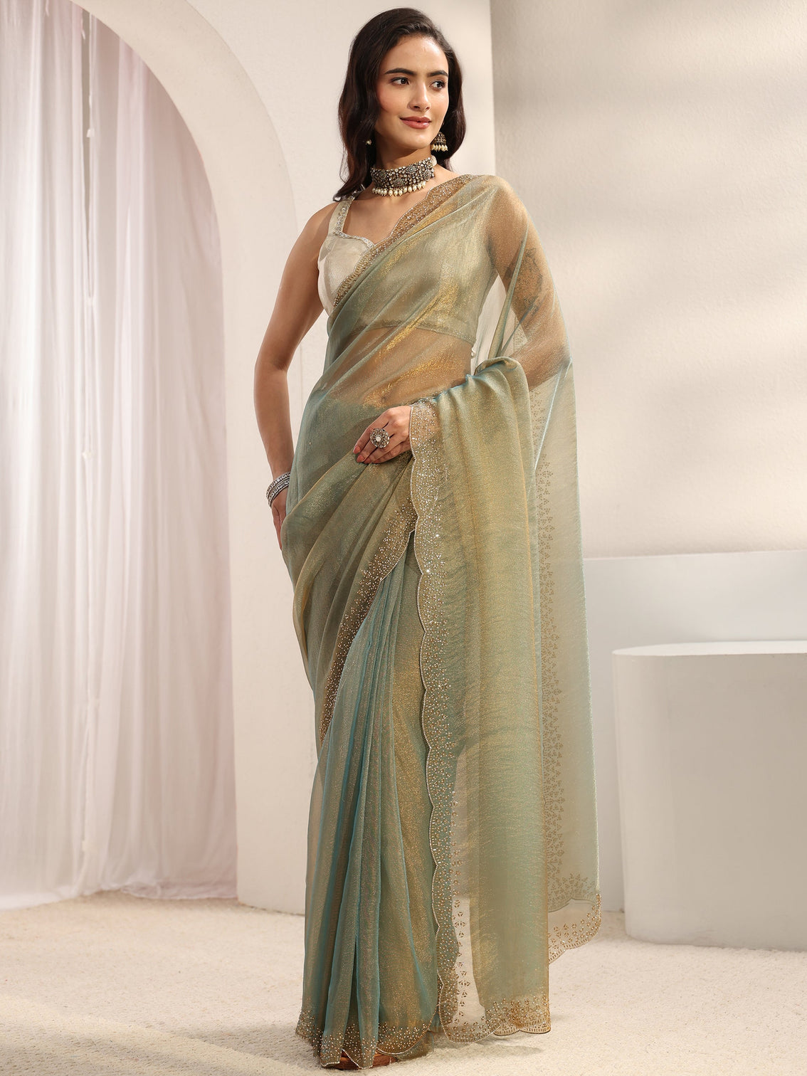 Mameraa Green Embellished Border Tissue Saree With Unstitched Blouse Piece