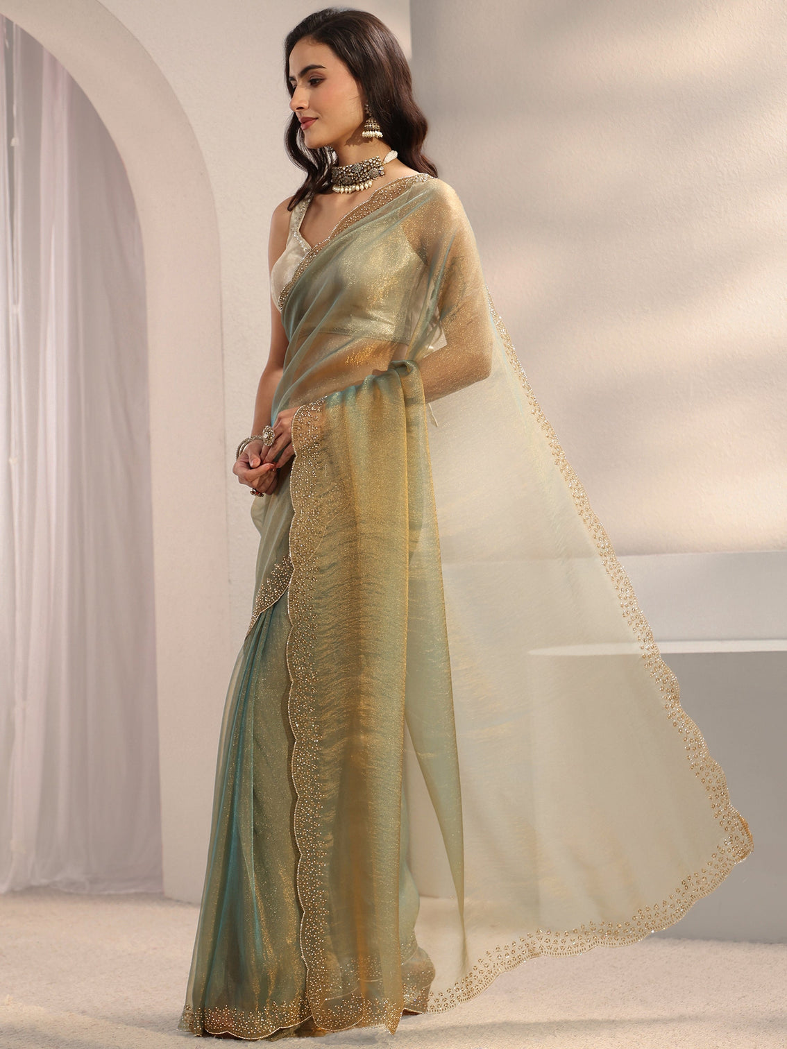 Mameraa Green Embellished Border Tissue Saree With Unstitched Blouse Piece