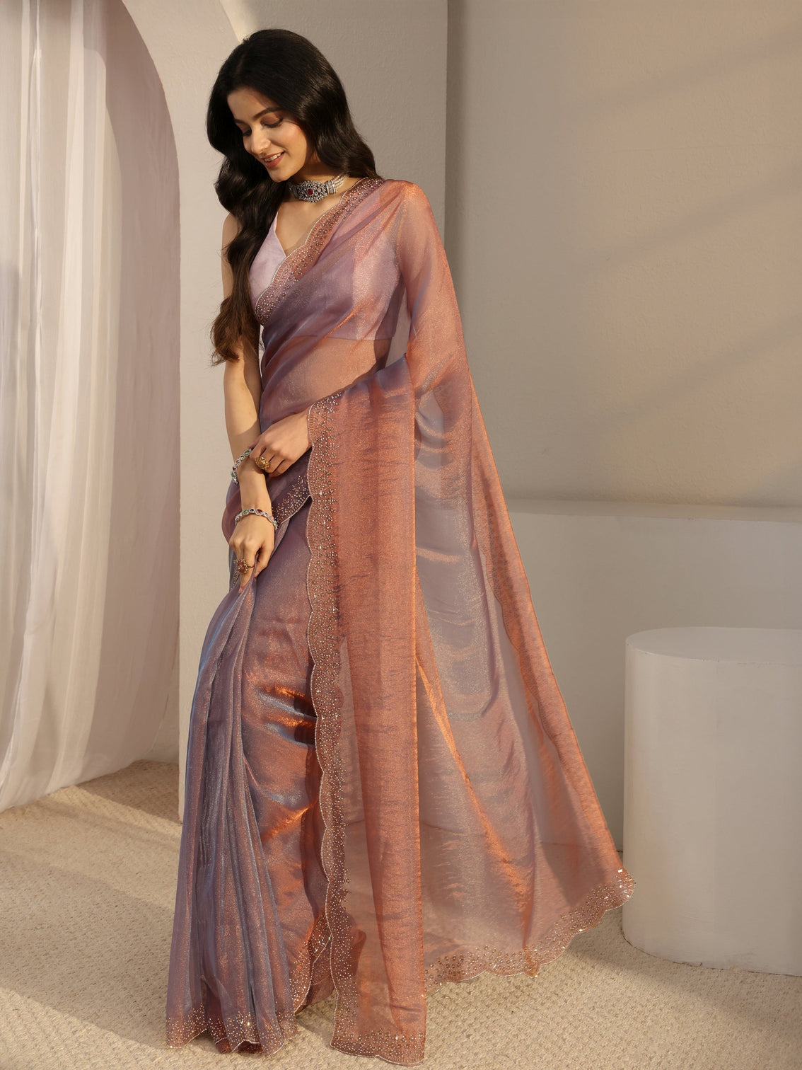 Mameraa Purple Embellished Tissue Saree With Unstiched Blouse Piece