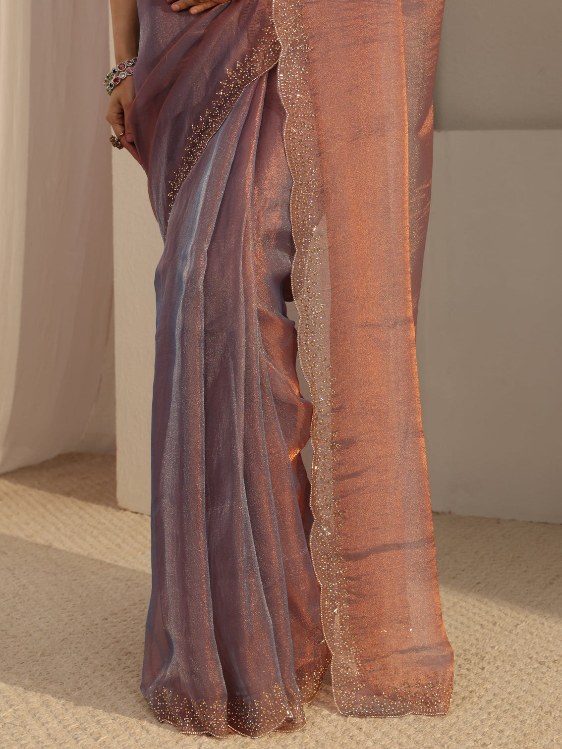 Mameraa Purple Embellished Tissue Saree With Unstiched Blouse Piece
