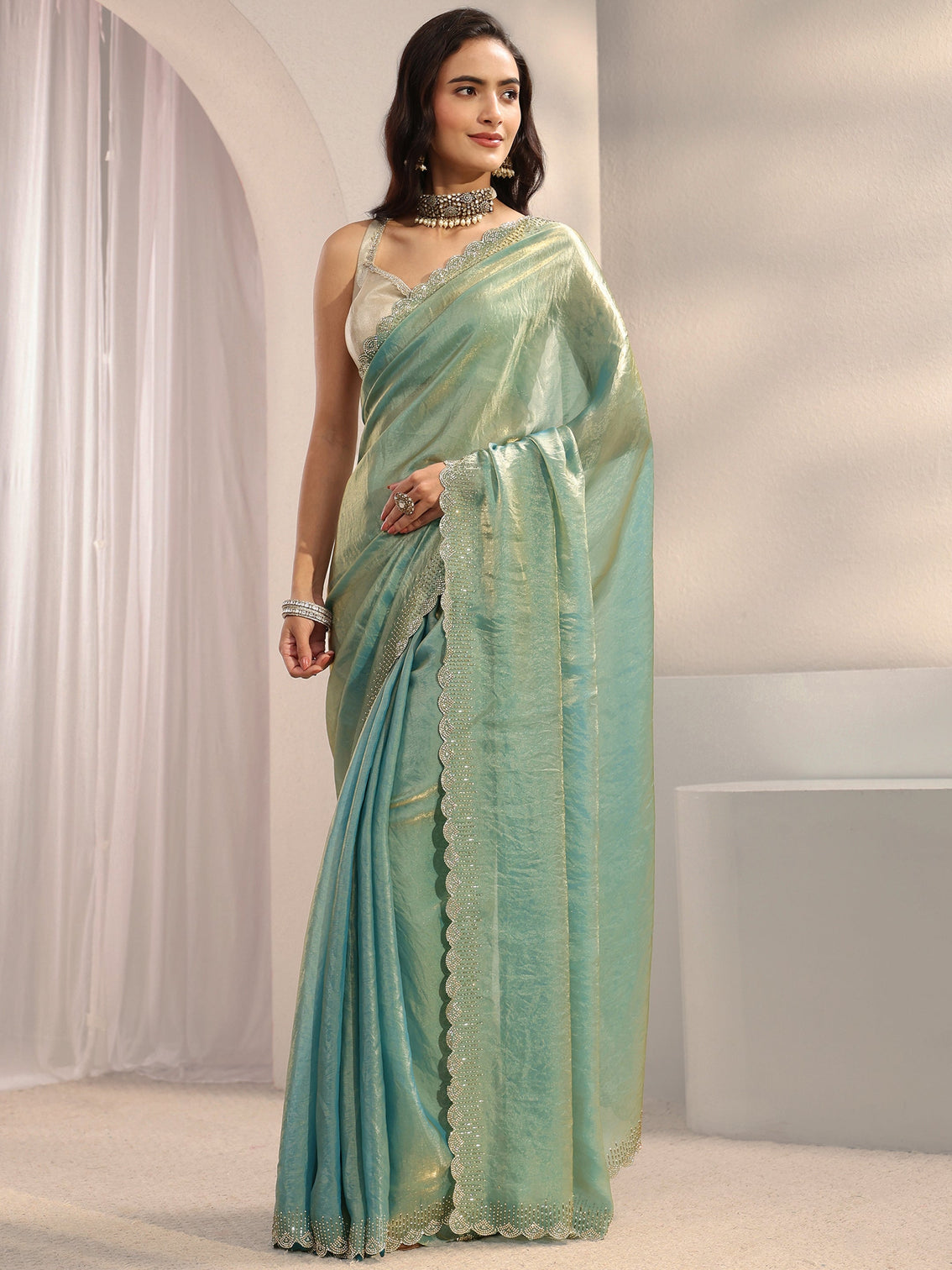 Mameraa Blue Embellished Border Tissue Saree With Unstitched Blouse Piece