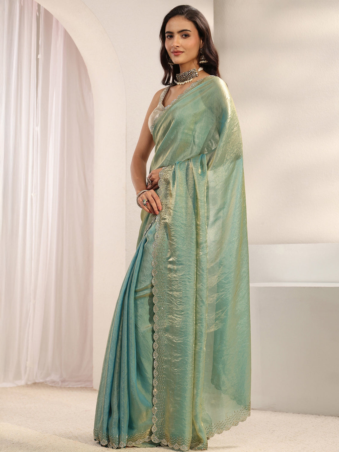 Mameraa Blue Embellished Border Tissue Saree With Unstitched Blouse Piece