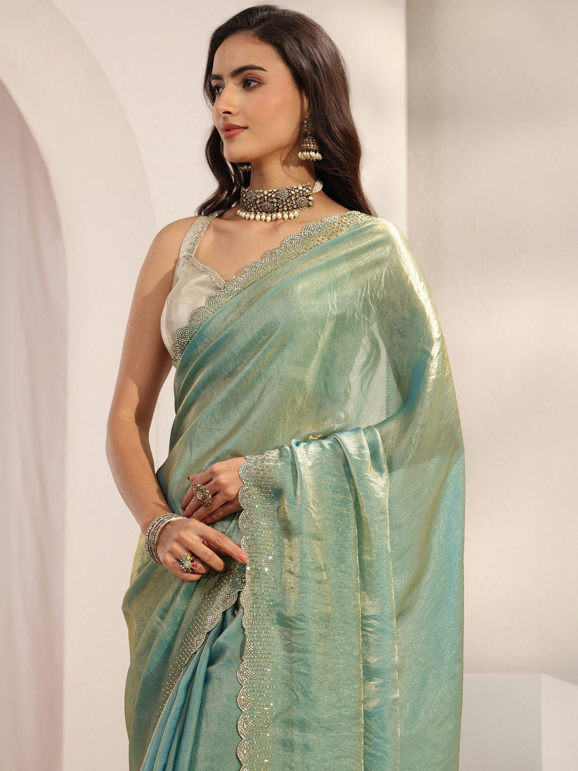 Mameraa Blue Embellished Border Tissue Saree With Unstitched Blouse Piece