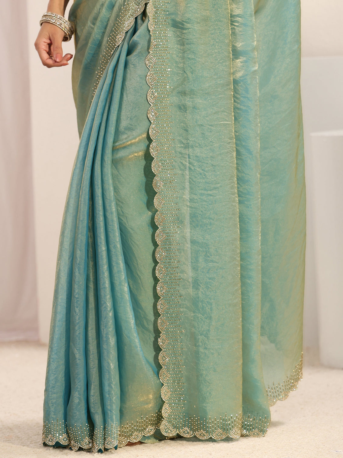 Mameraa Blue Embellished Border Tissue Saree With Unstitched Blouse Piece