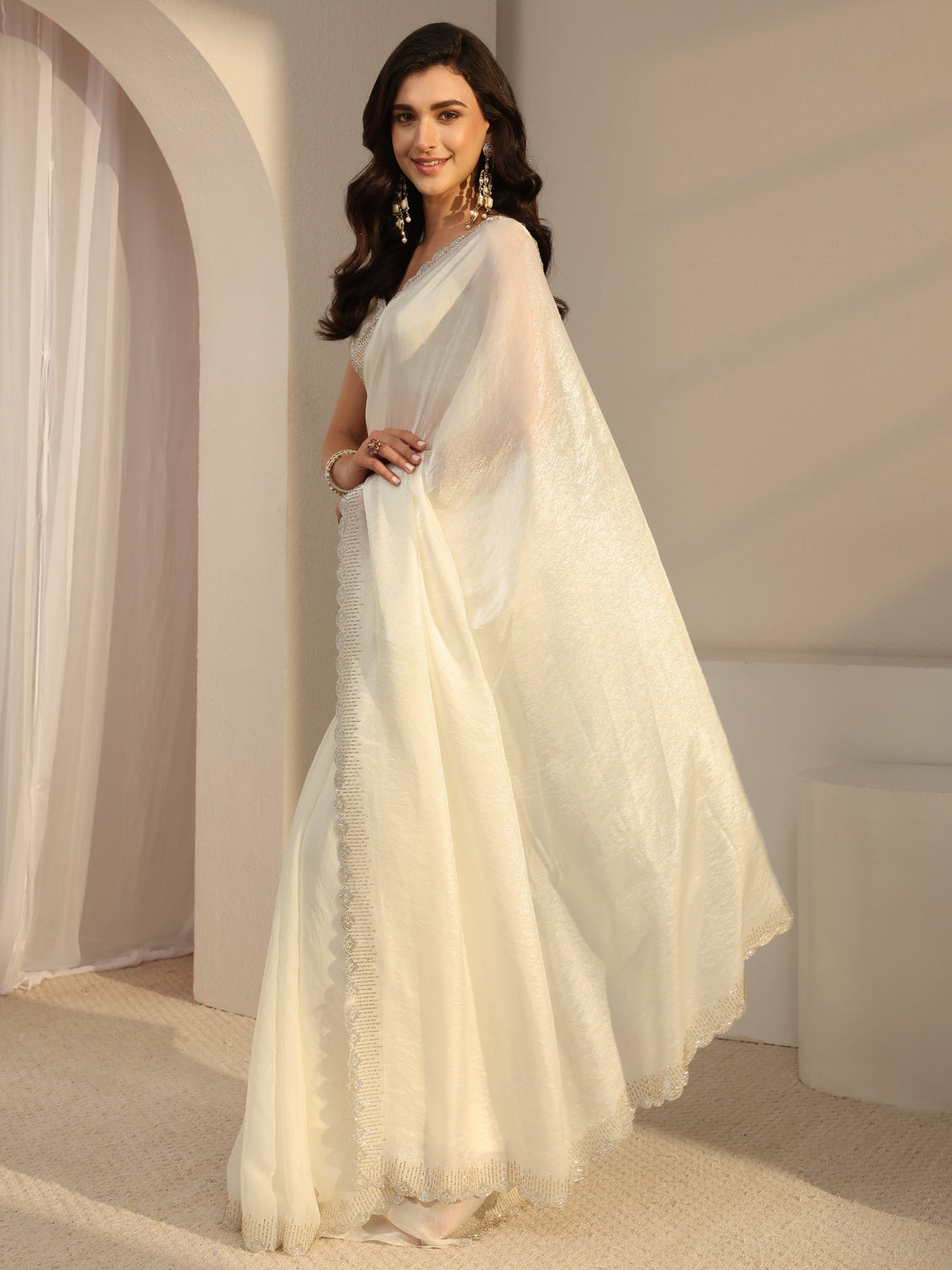 Mameraa Ivory Embellished Border Tissue Saree With Unstitched Blouse Piece