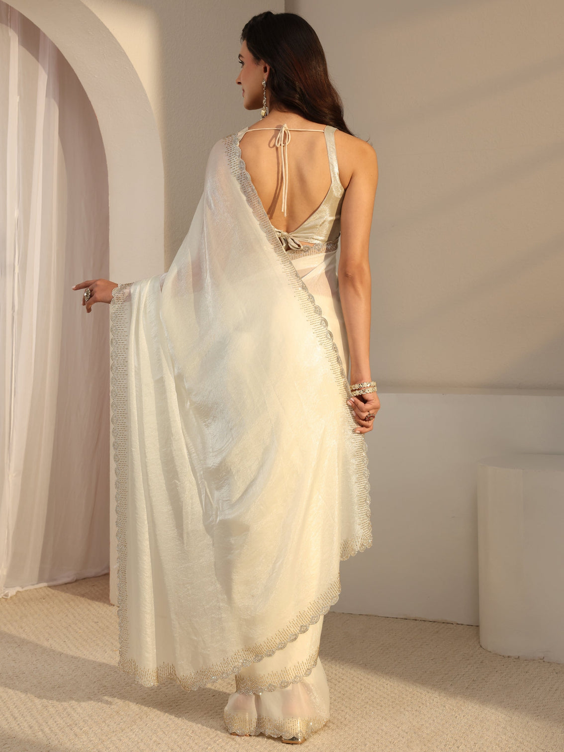 Mameraa Ivory Embellished Border Tissue Saree With Unstitched Blouse Piece
