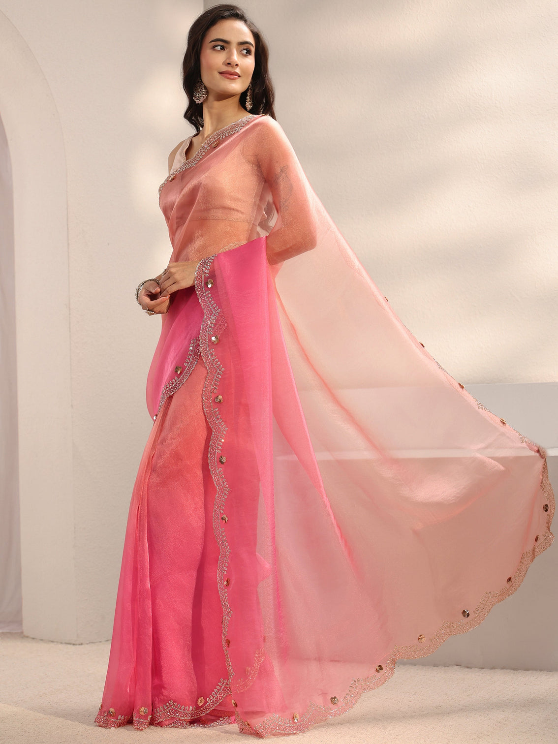 Mameraa Pink Embellished Border Ombre Tissue Saree With Unstitched Blouse Piece