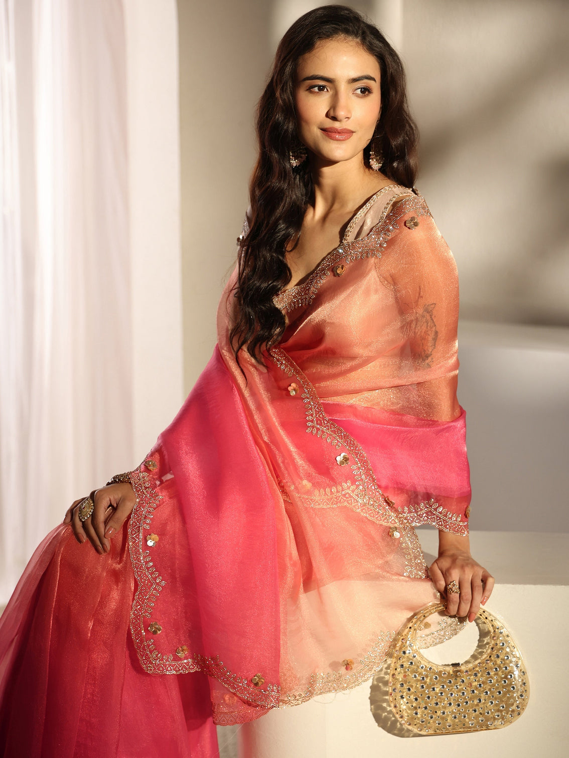 Mameraa Pink Embellished Border Ombre Tissue Saree With Unstitched Blouse Piece