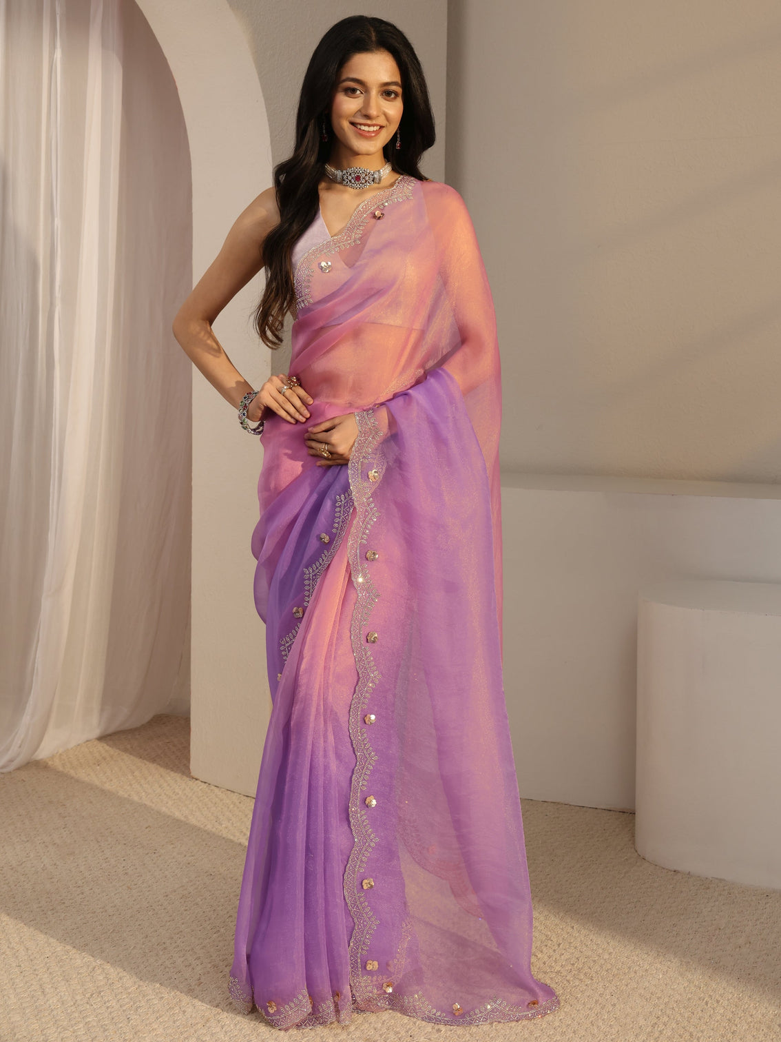 Mameraa Purple Embellished Tissue Saree With Unstiched Blouse Piece