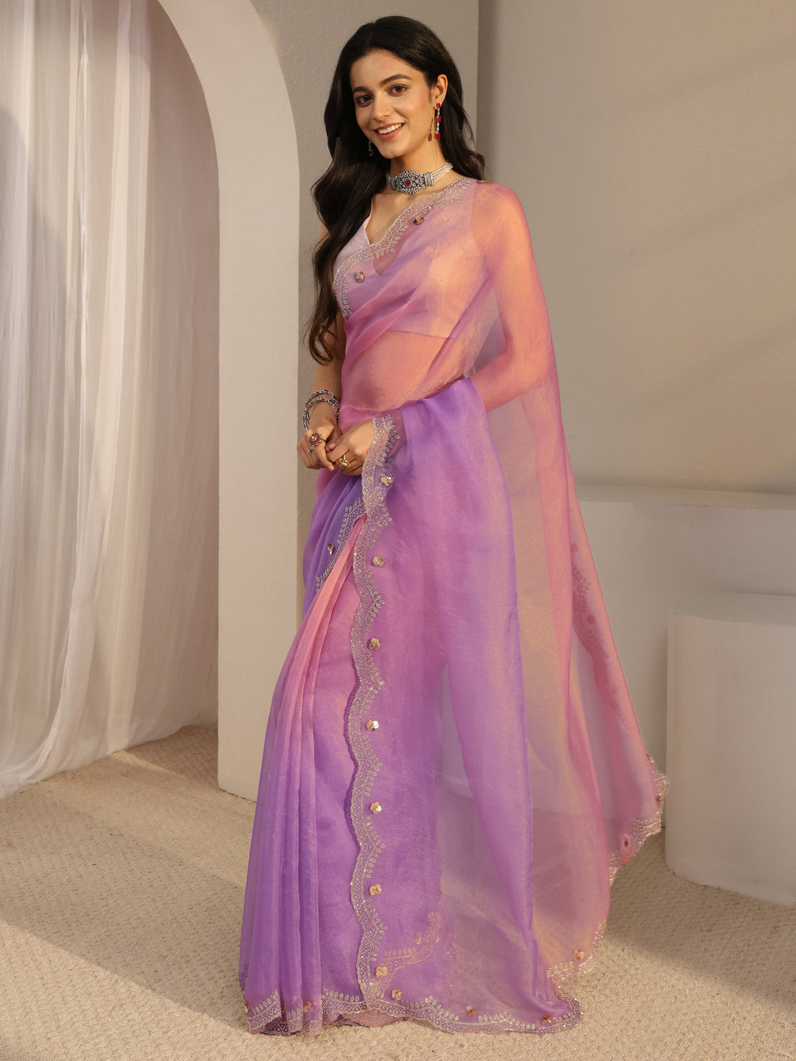 Mameraa Purple Embellished Tissue Saree With Unstiched Blouse Piece